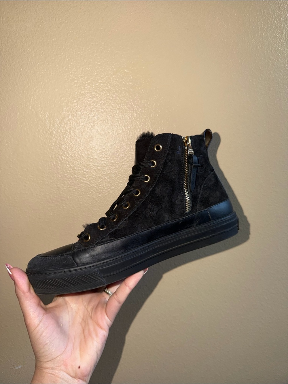 Louis Vuitton Black Suede Monogram High-Top Sneakers with Gold Hardware - Picture 5 of 7